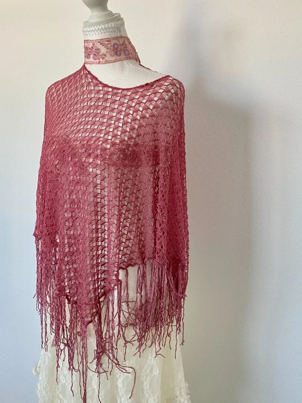 Vintage Y2K Inspired Style Pink Crochet Poncho Sheer Fringe Shawl Fairycore Coqu
